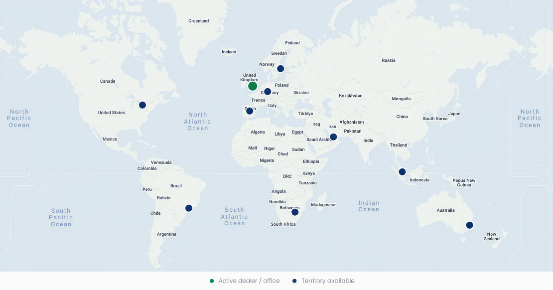World map showing Solas dealer locations and available territories