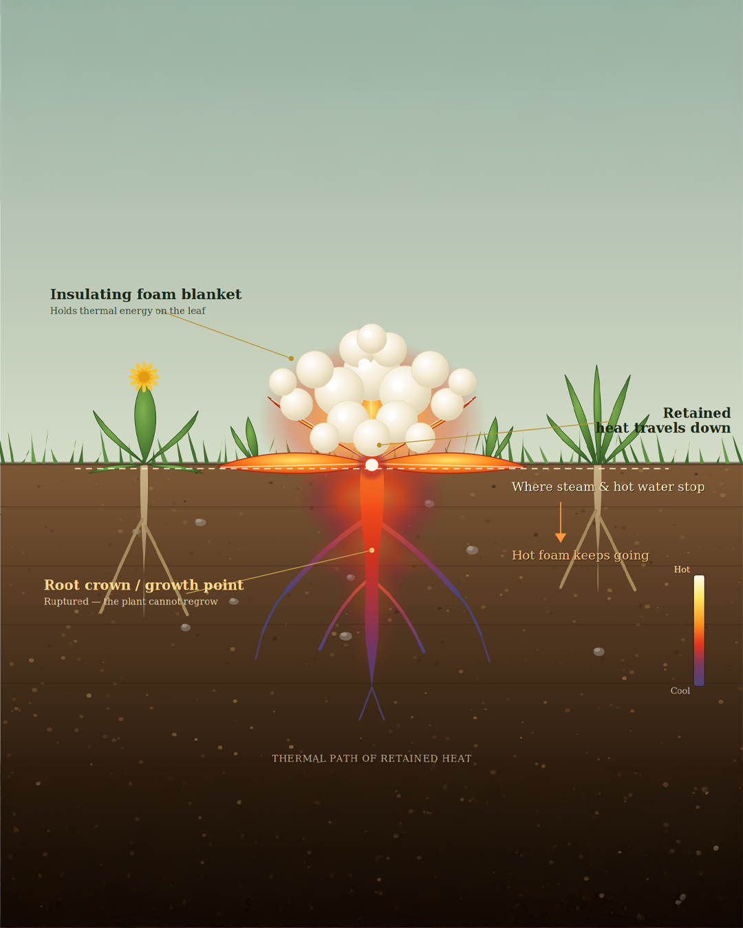 Diagram showing how the insulating hot foam blanket holds heat on the weed and carries it down to the root crown