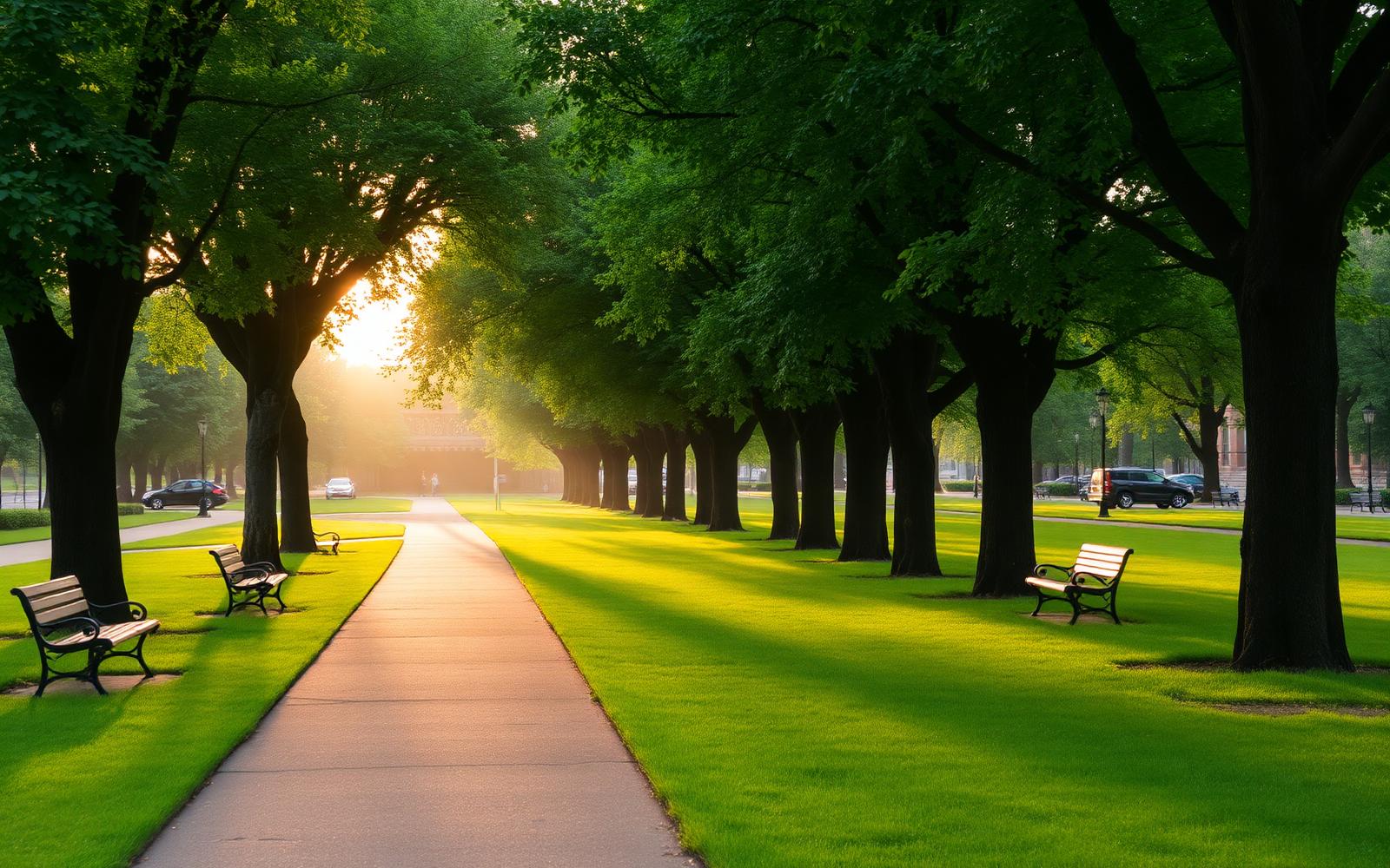 Manicured public park at sunrise